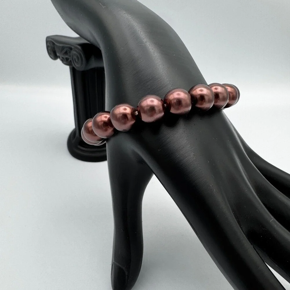 Bronze Tone Faux Pearl‎ Bracelet Jewelry Stretch Bangle 26g Unique